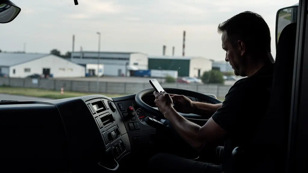 Conducteur routier consultant son téléphone depuis sa cabine de camion