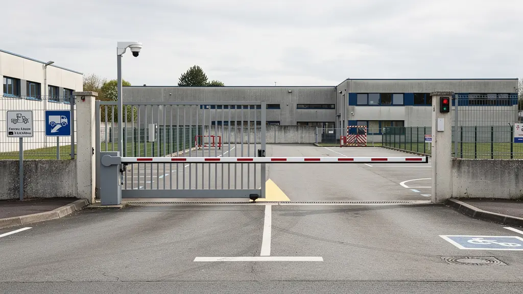 Entrée de parking poids lourd sécurisé avec barrière et caméra de surveillance