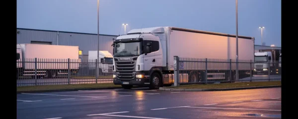 Poids lourd stationné dans un parking sécurisé éclairé en Île-de-France