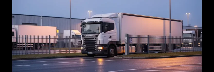 Poids lourd stationné dans un parking sécurisé éclairé en Île-de-France